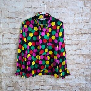 Vintage Stanley Sherman Multicolor Silk PolkaDot ButtonDown Blouse Size 12